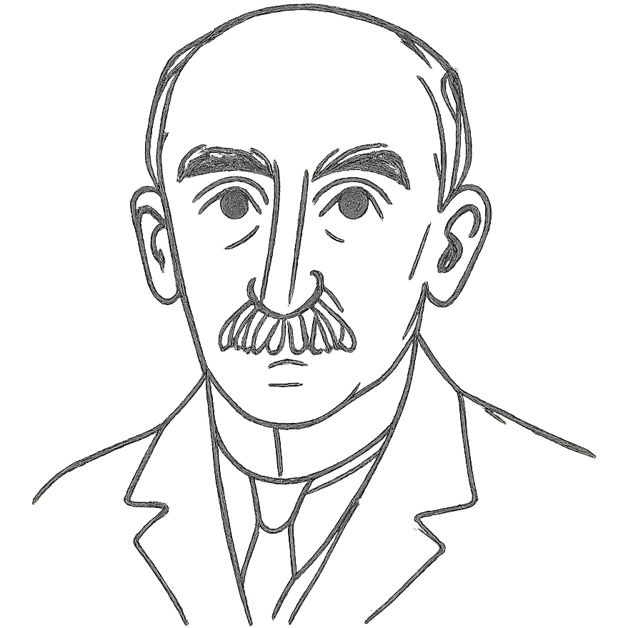 a hand drawn black outline portrait of philosopher Henri Bergson with similar-sized eyes based a famous photograph of him emoji