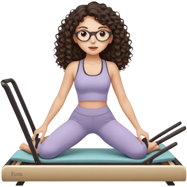 Memoji-style girl with long dark brown curly hair, round glasses, large brown eyes, soft rounded face,makeup, warm beige skin tone, wearing Pilates activewear performing Pilates and reformer Pilates exercises on a reformer machine, pastel color palette, smooth soft shading emoji
