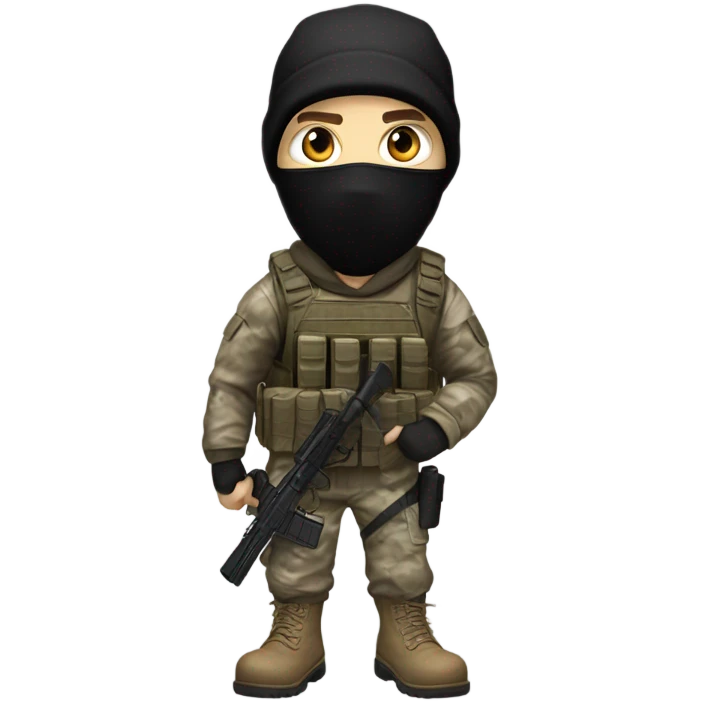 White male, call of duty black mask, camo tactical gear, tan combat boots, black beanie, blue eyes emoji