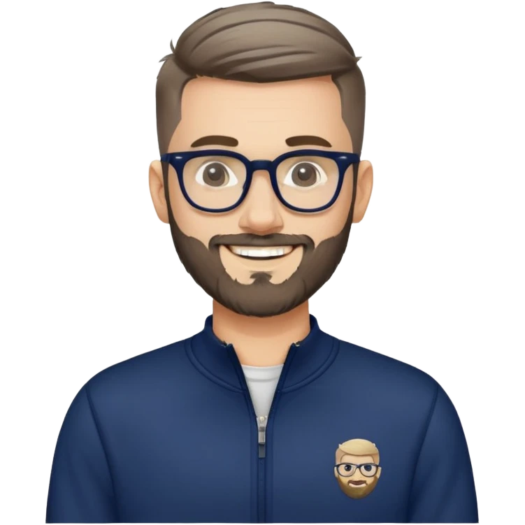 Fair-skinned man with fade haircut (extremely short on sides, slightly longer on top), short salt and pepper beard, large black-framed glasses, smiling, wearing navy blue long sleeve zip sweatshirt emoji