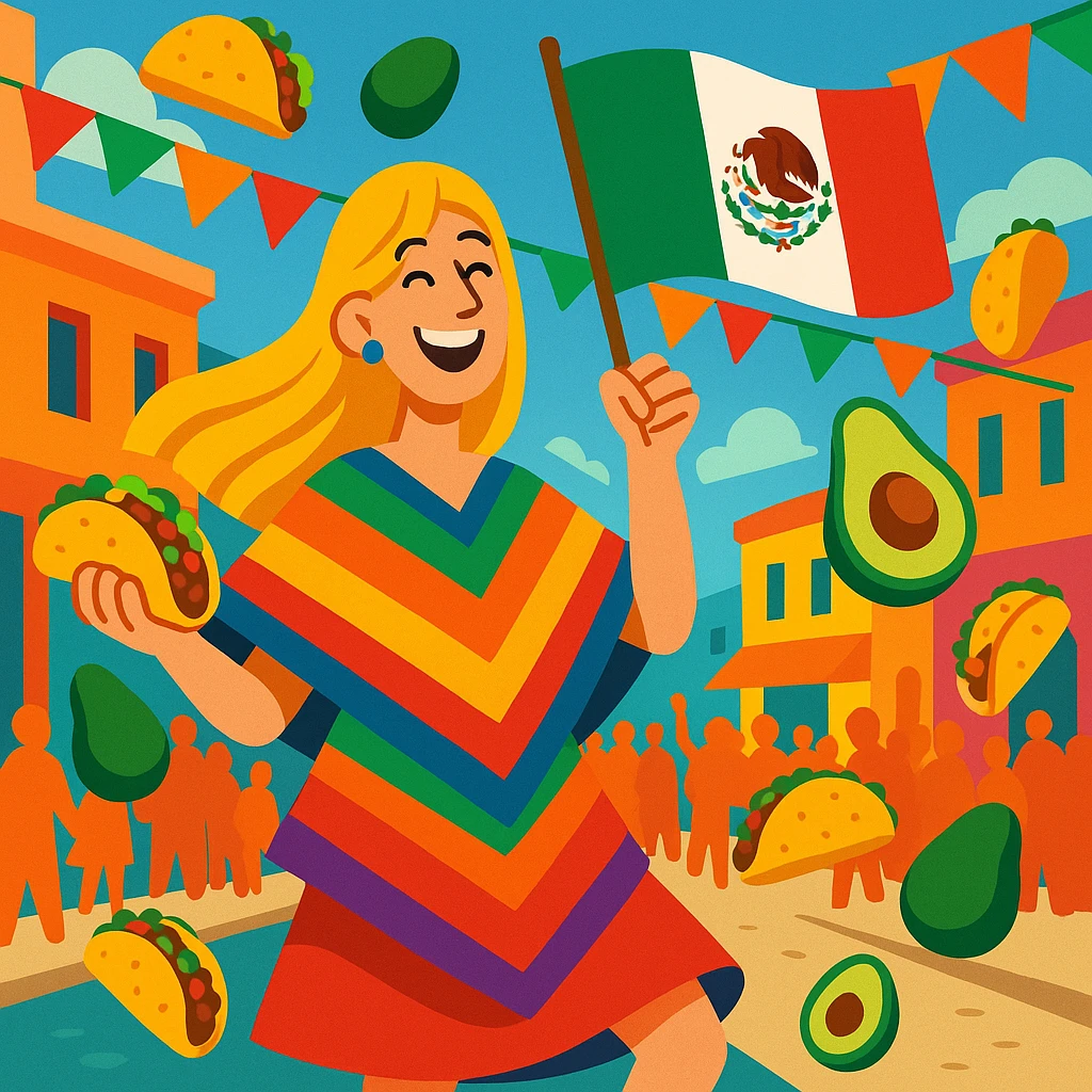 festive Cinco de Mayo cartoon of a tall blonde woman, smiling, wearing a colorful poncho, holding a taco and an avocado, waving a Mexico flag, dancing in the street, surrounded by tacos and avocados, lively street party background, bright and bold colors emoji
