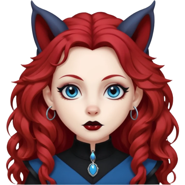  long curly red hair (darker), red pointed ears with black trim, black goth outfits, body and face human, blue eyes, more pointy chin, black lipstick, big fluffy red squirrel tail with black tips, like the attached photo with more outfits and poses,  emoji