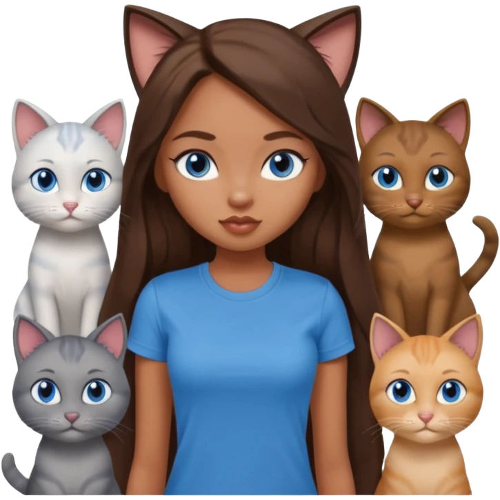 a pretty bratz dusky girl with long brown hair, blue eyes with six cats nd wearing a grey tshirt emoji