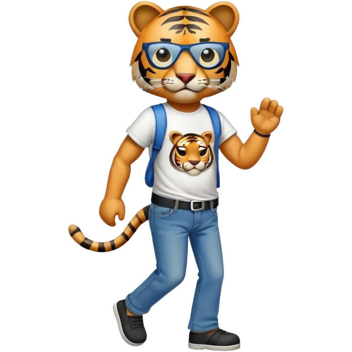 anthropomorphised tiger in a band t-shirt and jeans wearing an eye patch walking upright emoji