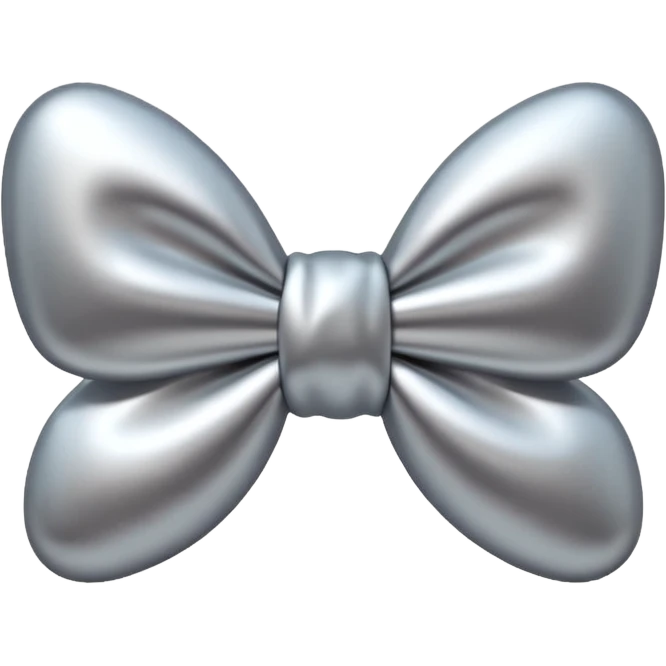 A cute bow emoji made of polished silver chrome, smooth rounded loops, glossy metallic surface, soft mirror reflections, subtle highlights, minimal and adorable proportions, iOS emoji style, centered composition, clean white background, soft studio lighting, no text, no outline, ultra high quality emoji
