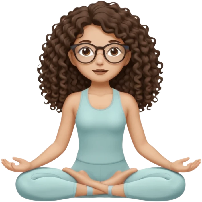Memoji-stylegirl with long dark brown curly hair, round glasses, large brown eyes, soft rounded face, warm beige skin tone, wearing neutral Pilates activewear, calm wellness aesthetic, pastel colors, sticker-style digital illustration, smooth shading, white outline,reformer pilates doing. emoji
