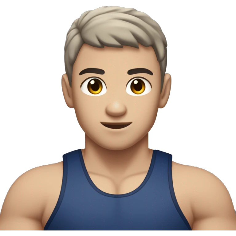Create a half caucasian and half hispanic physically fit boy wrestler with a grey and navy blue wrestling singlet.  The boy has hazel colored eyes with dark eyebrows and a beachy short haircut with dark brown hair emoji