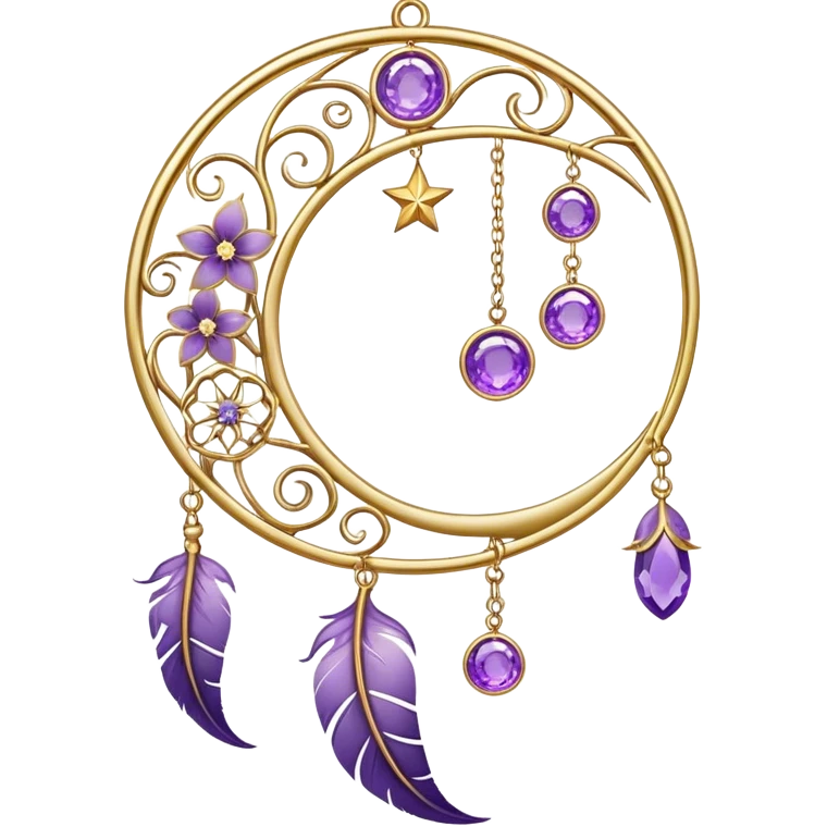 Epic beautiful gorgeous cute gold suncatcher, threads with shiny sparkly amethyst gemstones, flowers, crescents-moons, stars, violet Feather emoji