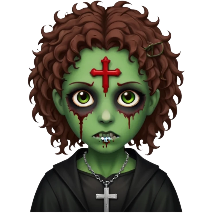 Zumbi verde com olhos castanhos aspecto de que tá sangrando, com cabelo castanho cacheado um piercing do lado esquerdo do nariz, roupa preta e crucifixo como colar, e também delineador  emoji