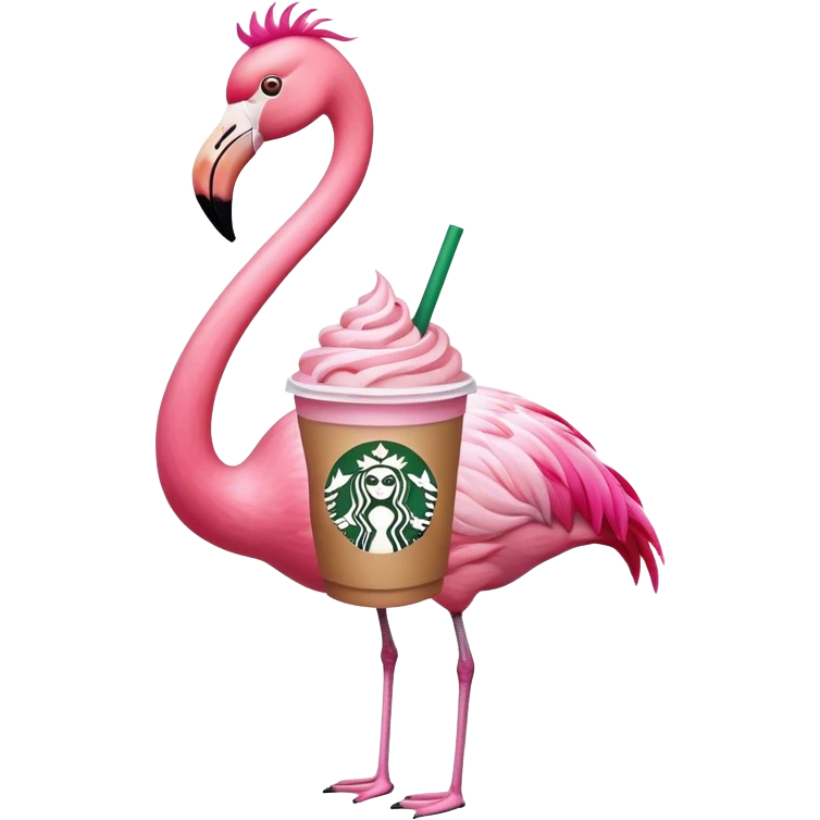 A flamingo with a starbucks cup emoji