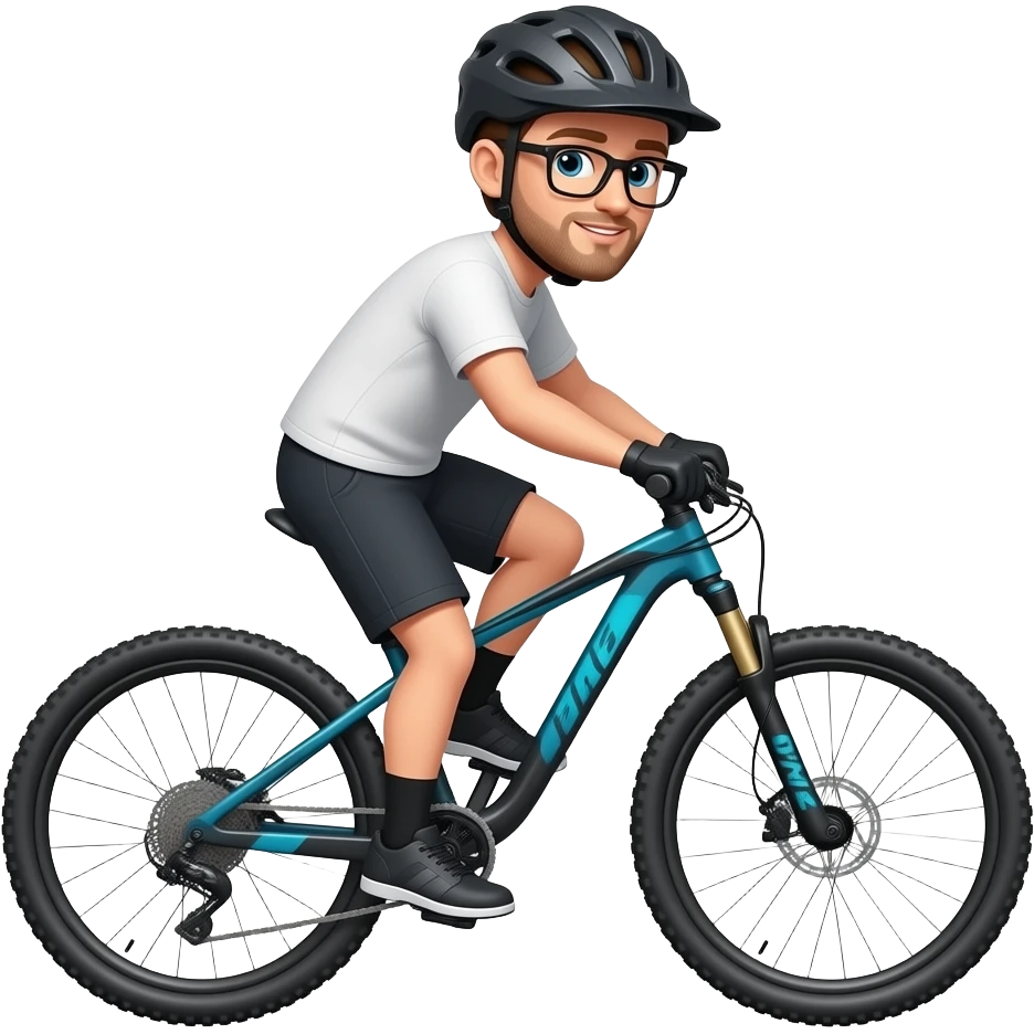 light brown hair guy with a helmet, glasses  and a small beard doing mountain bike emoji