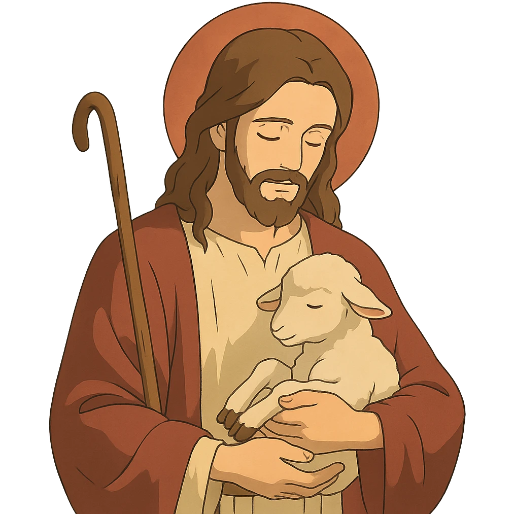 Jesus as the Good Shepherd, gentle and caring, holding a lamb, in ghibli style emoji