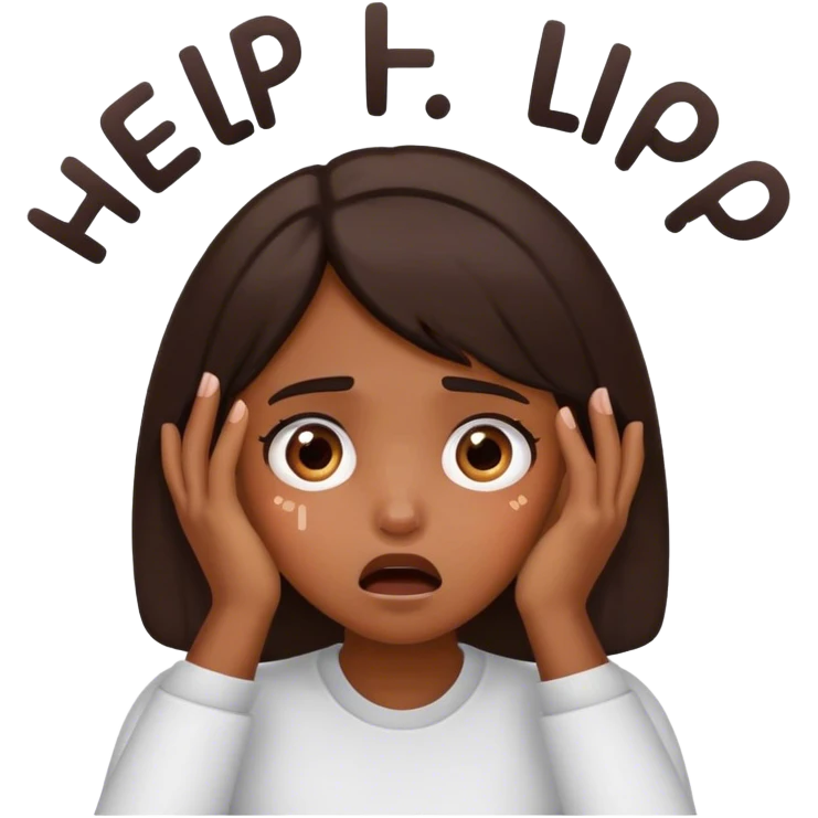 Shocked girl face and hands on face, big text saying "HELP" emoji