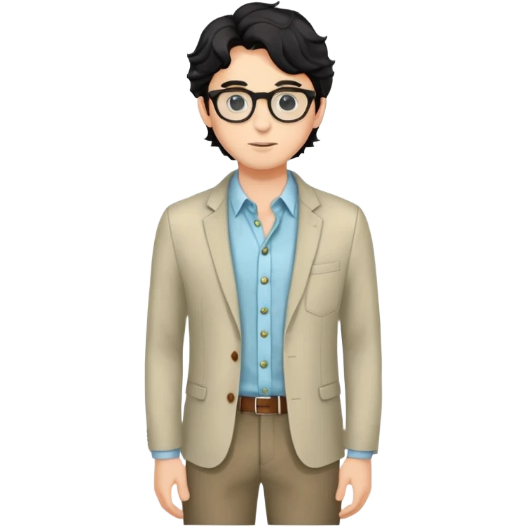 Young caucasian man with black wavy hair, round glasses, wearing semi-formal attire for theater - button-up shirt, blazer, nice pants emoji