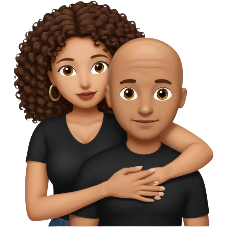 A mixed girl, the girl is wearing a black shirt, the girl has brown curly hair  and the girl has big boobs. A Mexican man is embracing her, with bald hair and clean shaven emoji