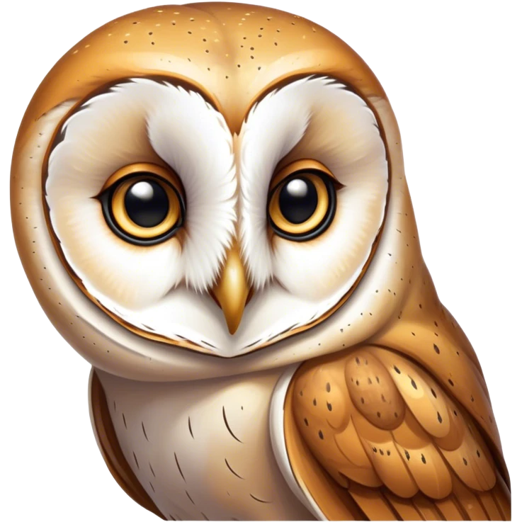 Cinematic Noble Barn Owl Portrait Emoji, Poised and regal, with a slender, graceful build and a striking mottled plumage of whites and browns, deep-set soulful amber eyes, Simplified yet sharp and sophisticated features, highly detailed, glowing with a soft, dignified glow, high shine, intelligent and mysterious, stylized with an air of nocturnal wisdom, focused and attentive, soft glowing outline, capturing the essence of a watchful and confident fowl, so majestic it feels as though it could silently glide out of the screen with effortless authority! emoji