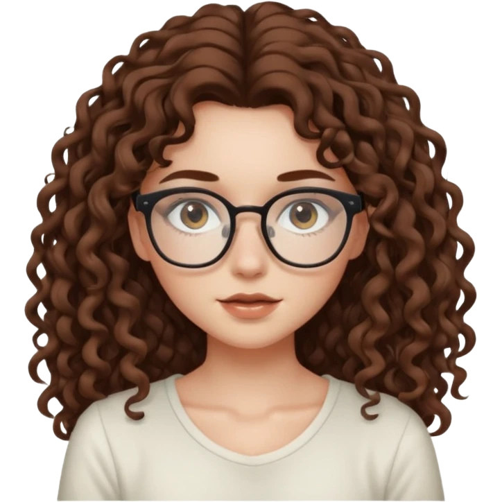 aesthetic white girl with brown, long curly hair, she wears an offwhite top and wears square glasses and her eyes are black emoji
