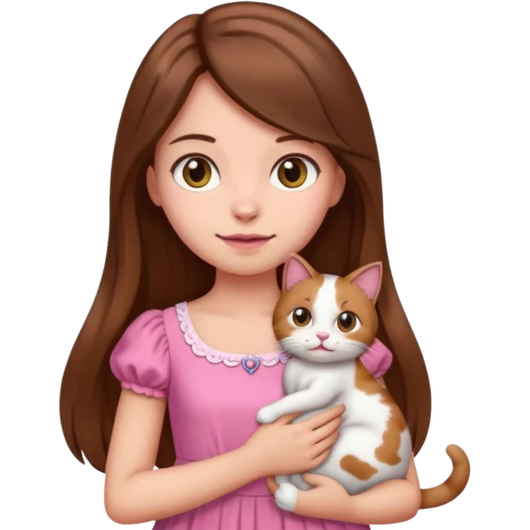 a girl with long hair dressed in pink holding a calico cat, emoji style, icon emoji