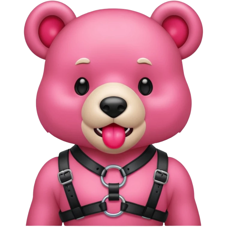 Gloomybear wearing black harness, red bubblegum in mouth emoji