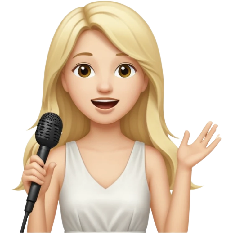 Singer Young woman – long blonde hair, around 20s, white dress, singing into mic emoji
