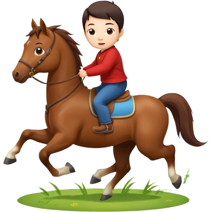l little chinese baby riding on a  cute horse running really fast on the grass with 2026 year's label emoji