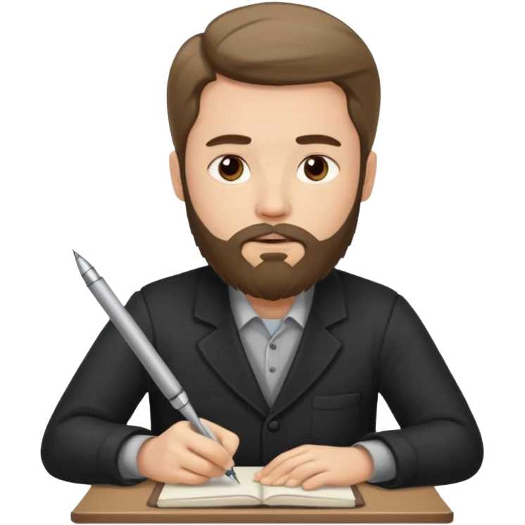 un escritor con barba y cabello medio largo, escribiendo emoji