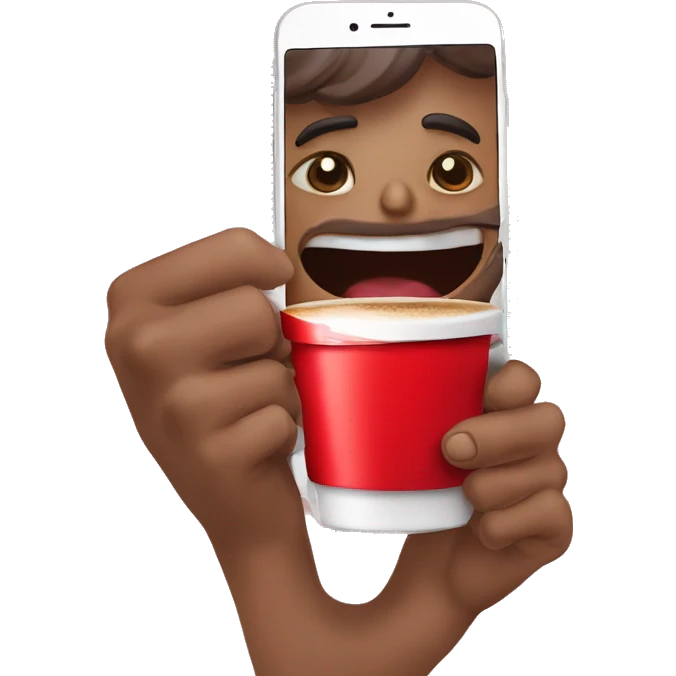 red cup of coffee to go holds phone in hands and takes selfie emoji