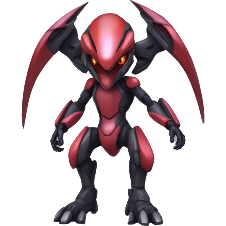 a shiny black-red Genesect-Raptor-Fakémon—hybrid with a futuristic visor-helmet full body emoji