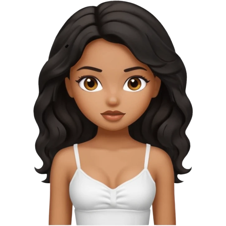 a pretty bratz tan girl with wavy black hair wearing a white cami top. Skintone is brown emoji