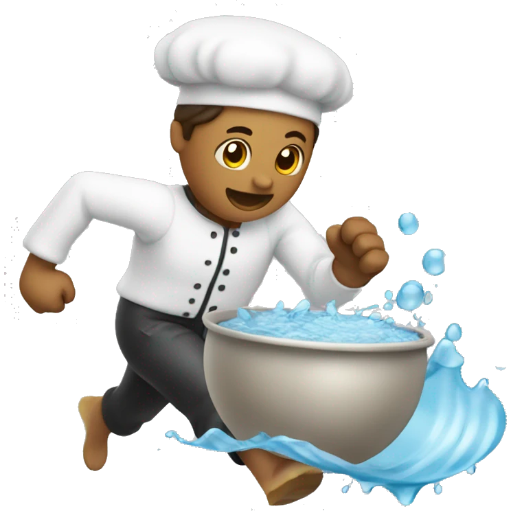 baker running with a bowl of water where someone is swimming in it  emoji