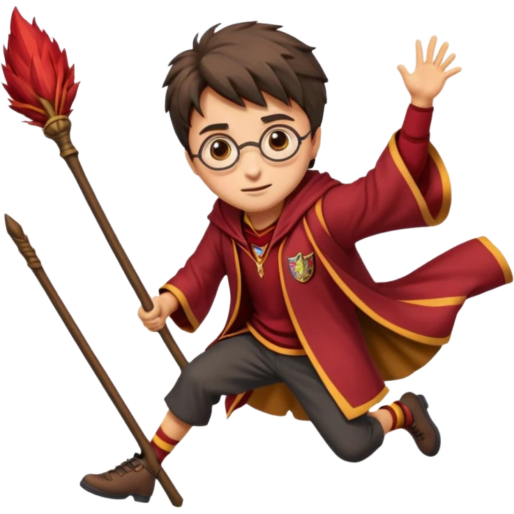 Cartoon-style illustration of Harry Potter flying on a broomstick, Gryffindor red and gold outfit, expressive face, dynamic motion, magical vibe, smooth shading, vibrant colors, no background, transparent background, isolated character. emoji