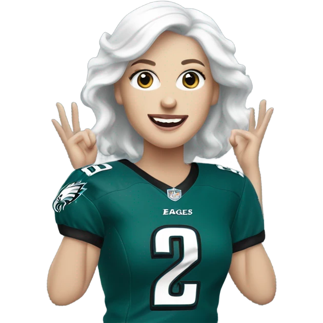 White female light skin white hair blue eyes wearing Philadelphia Eagles jersey cheering emoji