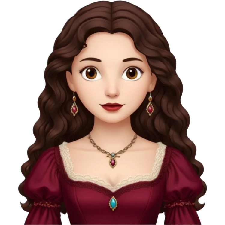 Renaissance lady – long dark brown wavy hair, burgundy gown with lace neckline emoji
