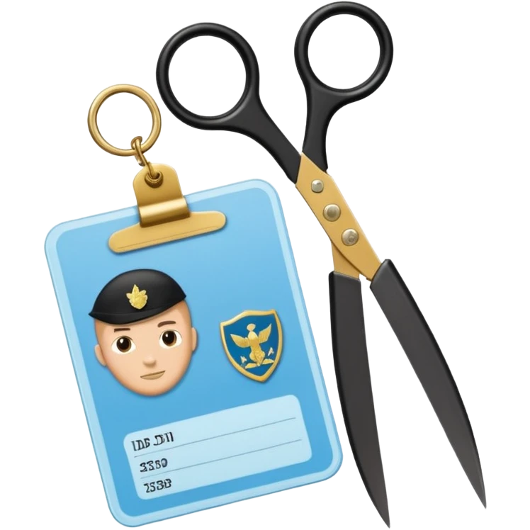 Floating black Scissors cutting in half a light blue idf soldier ID card with golden chip in 2 parts .hyper realistic emoji