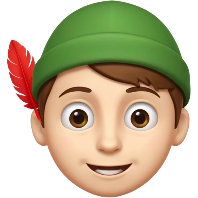 A cute 3D emoji head of a mischievous cartoon boy, fair skin, big expressive eyes, thick eyebrows, smiling with a slightly open mouth, brown hair, wearing a green pointed cap with a red feather, smooth emoji