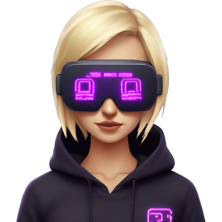 Russian cute blond student girl wearing black hoody with violet letters "OMG", in vr headset. No eyes. Cyberpunk style. Violet neon. emoji