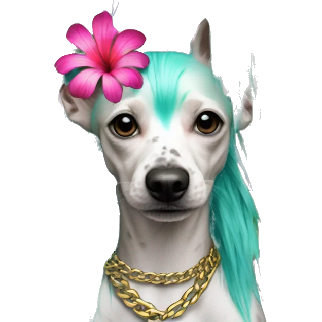Punk tropical palm leaves flowers Chinese crested dog neon rainbow cyan green pink hair gold chain punk piercings tattoos punk ear piercings emoji