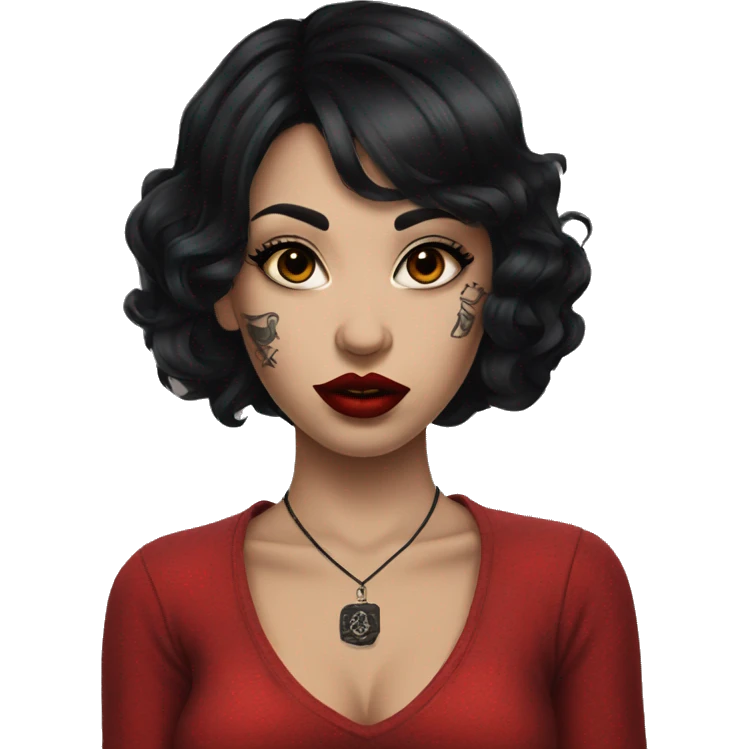 Pale black haired girl with black tattoos on body wearing red lipstick  emoji
