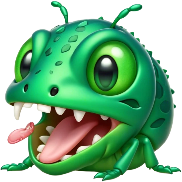 Cinematic Cute Yawning Green Bugdie Portrait Emoji, Head tilted slightly with a dramatic, wide-open yawn, showcasing a smooth, vibrant emerald exoskeleton with delicate patterns and tiny drooping antennae, round multifaceted eyes barely open in drowsy contentment, Simplified yet irresistibly adorable features, highly detailed, glowing with a soft, cozy glow, high shine, relaxed yet expressive, stylized with a touch of whimsy, bright and endearing, soft glowing outline, capturing the essence of a sleepy yet endearing insect, so drowsy it feels like it could stretch out of the screen and curl up for a nap! emoji