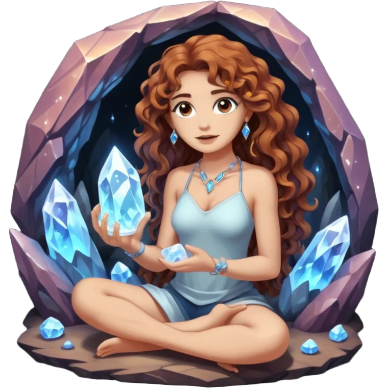 full body woman long curly brown hair brown eyes white skin tattoos sitting inside crystal cave opening, touching glowing quartz emoji