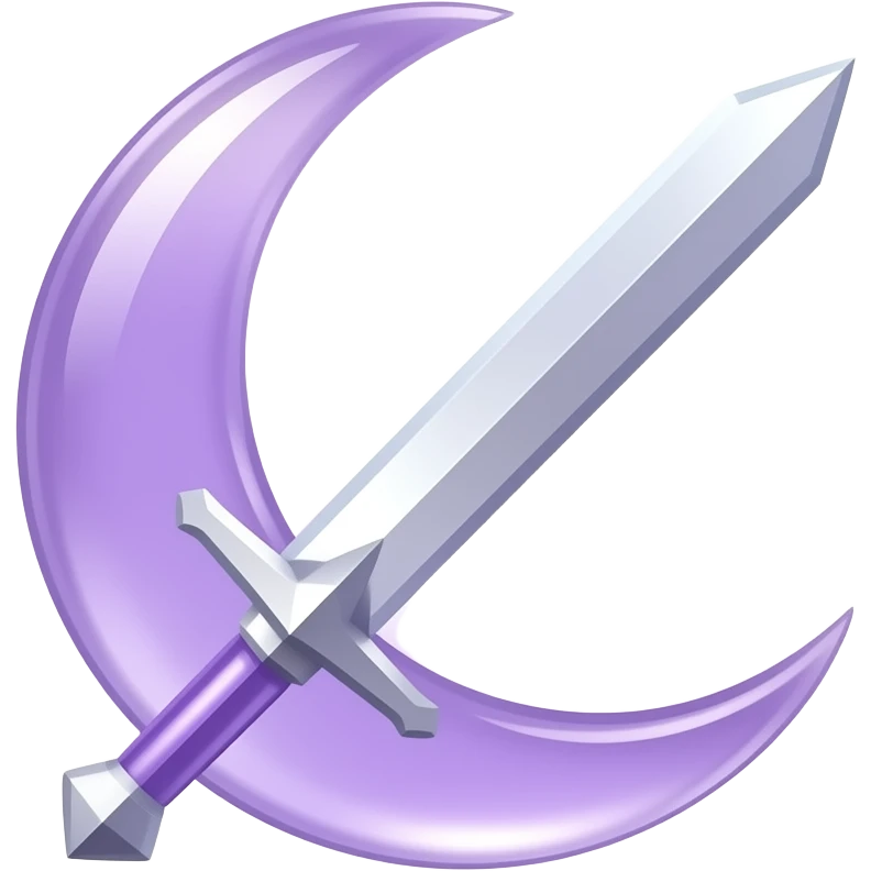 Glowing transparent crescent purple moon with an elegant transparent purple sword, emoji style. Soft violet and white glow, minimal clean design, smooth edges, subtle lighting, centered, high contrast, transparent background, readable at small size. emoji