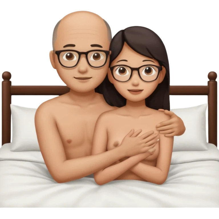 slightly balding asian man with glasses and asian woman naked in bed hugging emoji