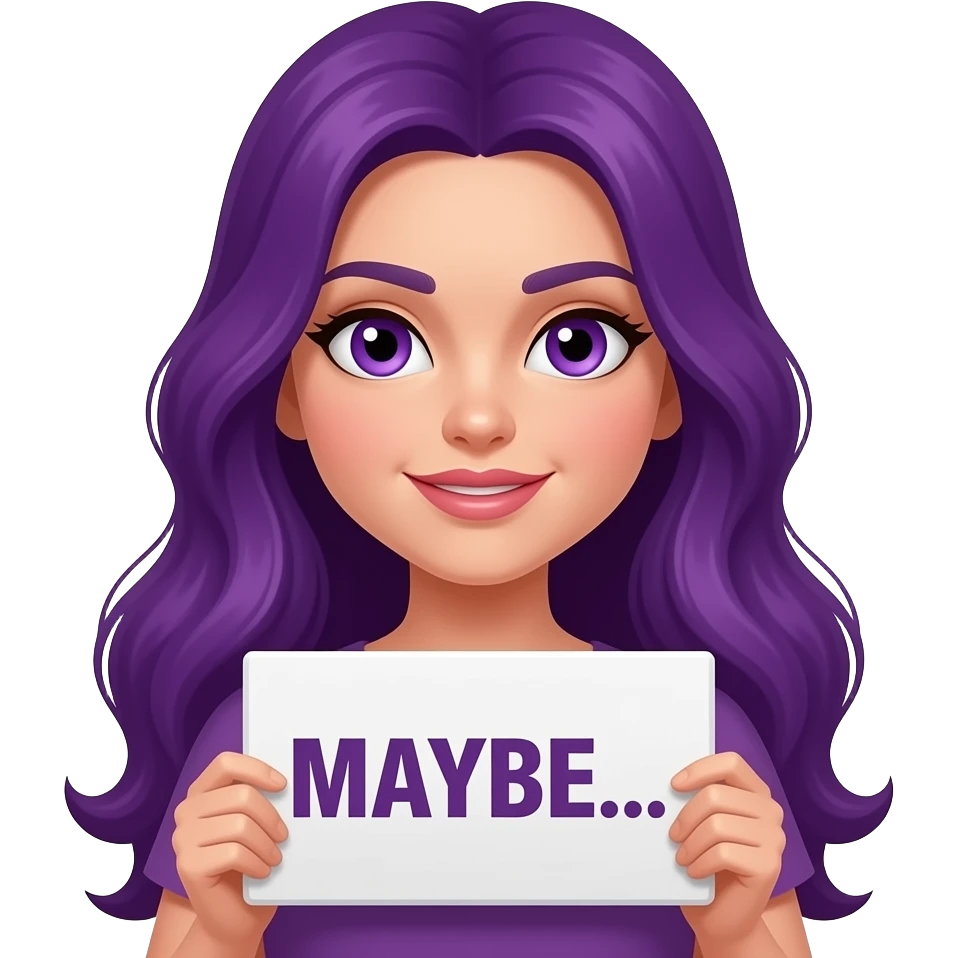 sexy girl with long purple hair and purple eyes holding a MAYBE... sign emoji