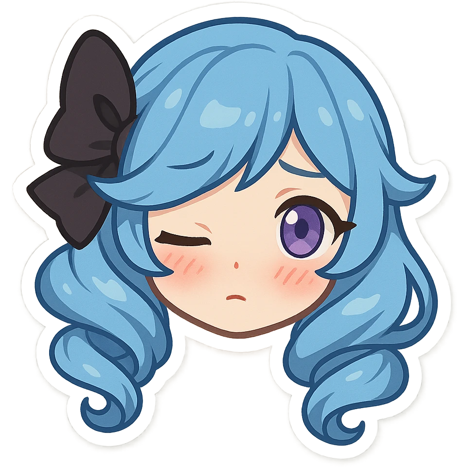 Gwen from League of Legends, shy emote, chibi style, only head, right eye purple, blushing emoji