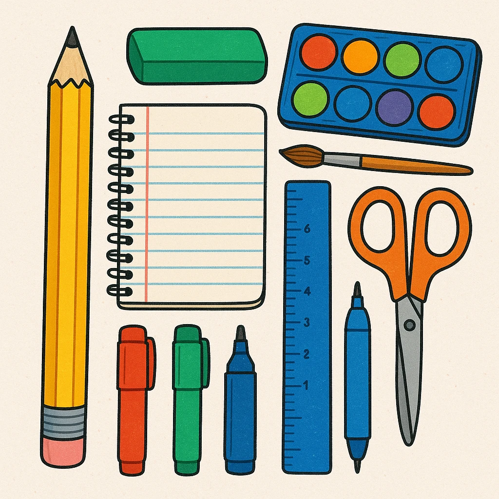 illustration of a pencil, various styles of school supplies emoji