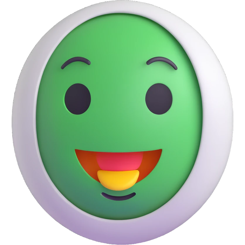 3D smiley emoji, round shape, student working in lab, white coat, green color, curious face emoji