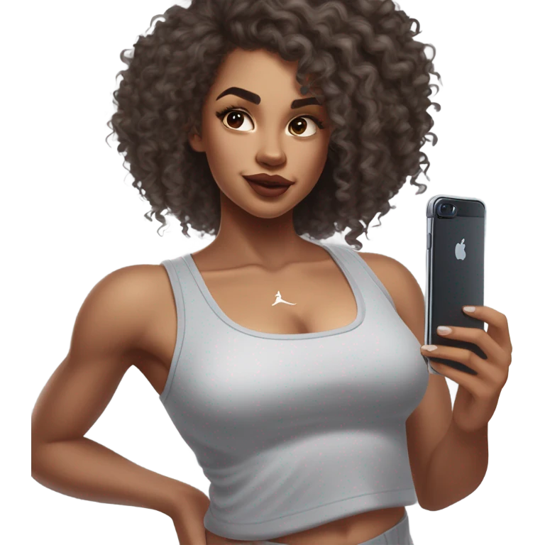 Light brown skin girl, long curly dark brown hair, glossy lips, long lashes, posing in a mirror wearing light grey leggings, light grey skims tank top, and white Nike socks, playing with her long curly hair while holding a iPhone 15  emoji