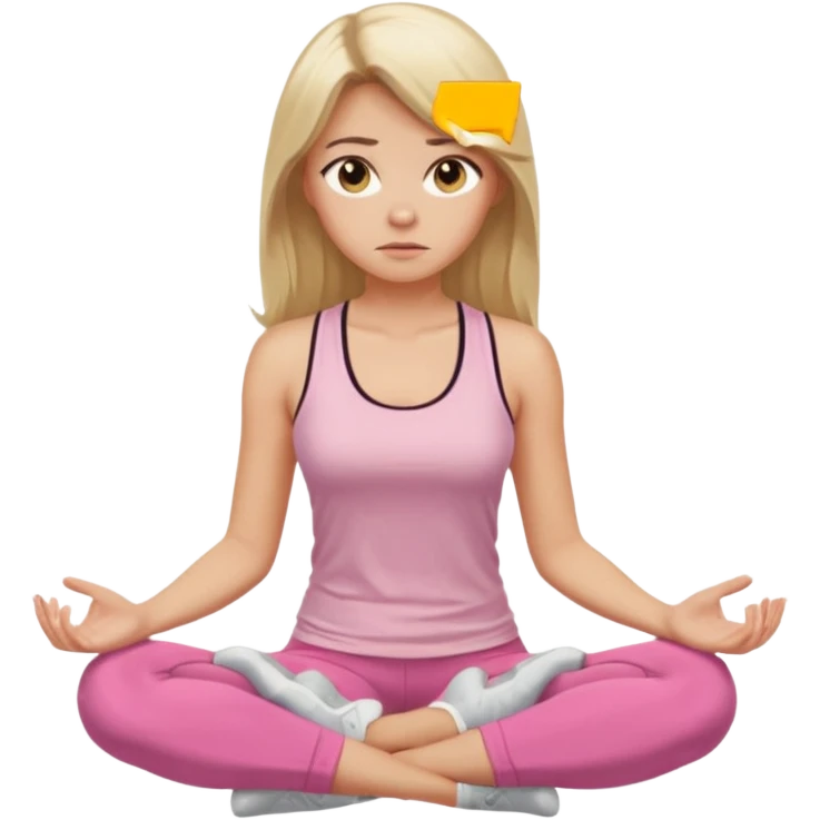 Create a young woman with long blonde hair, golden eyes, and medium-light skin tone, wearing a light pink tank top and leggings. She should be sitting cross-legged in a calm pose, but with a subtle doubting or skeptical facial expression—slightly raised eyebrow, small frown, or pursed lips.  emoji
