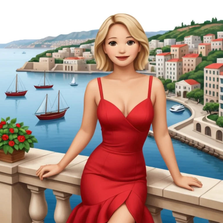 jennifer lawrence, red dress leaning on a balcony with a harbor and cityscape in the background, smiling emoji