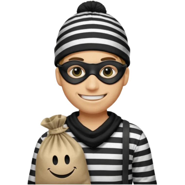 smiley robber wears black eye mask, black beanies and black and white stibes shirt with one money bag beside him emoji